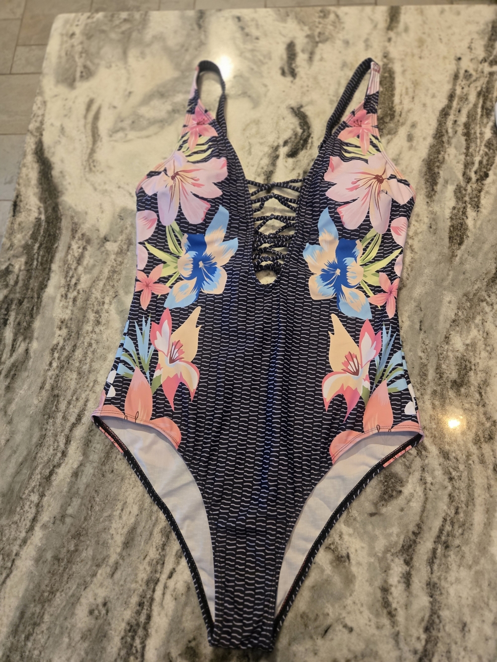 Source Unknown Navy Floral One-Piece Swimsuit with Lace-Up Front